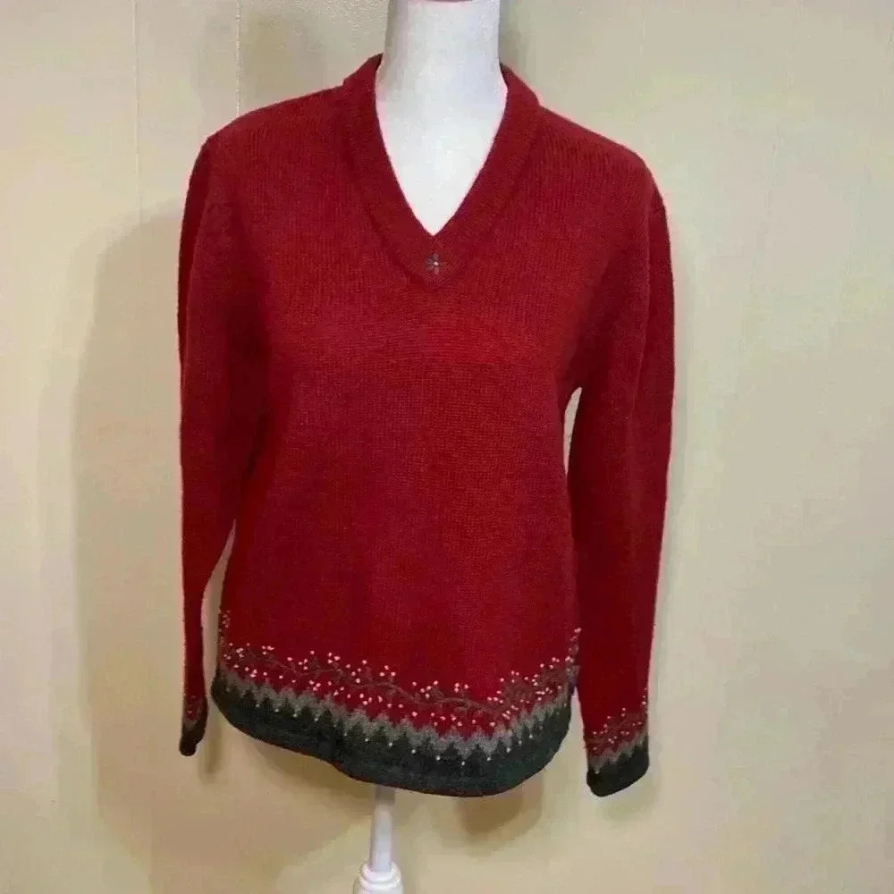 Woolrich 100% Wool Red V Neck Embroidered Woman’s Sweater Size Small. “Ruby”.